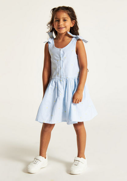 Juniors Striped Sleeveless Dress with Bow Accent and Button Closure