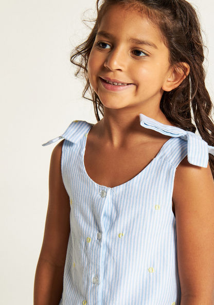 Juniors Striped Sleeveless Dress with Bow Accent and Button Closure