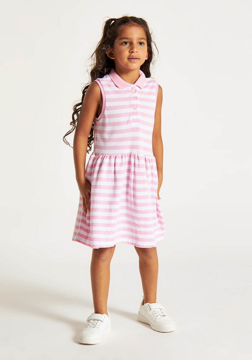 Juniors Striped Sleeveless Polo Dress with Button Closure-Dresses, Gowns & Frocks-image-0