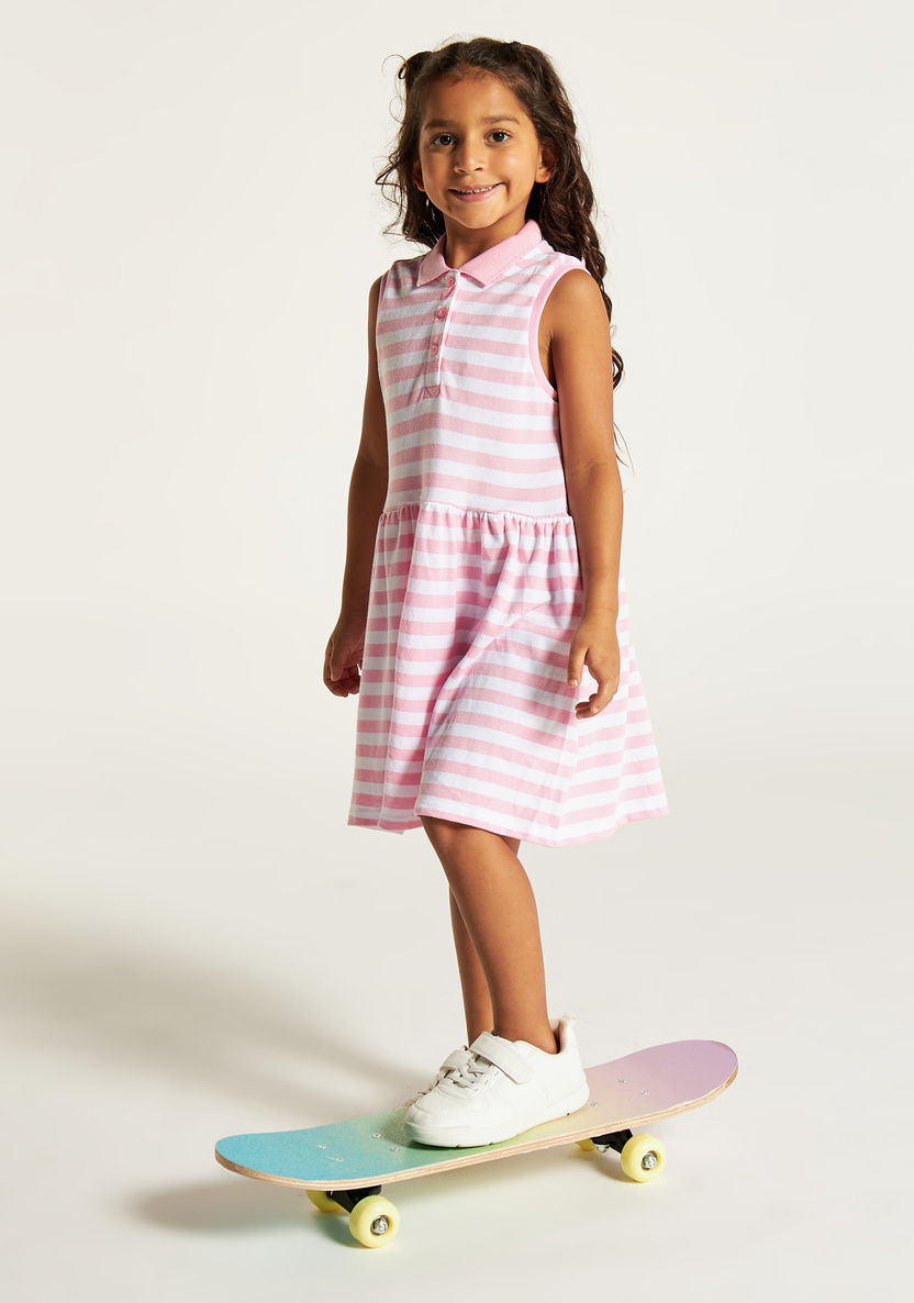 Juniors Striped Sleeveless Polo Dress with Button Closure-Dresses, Gowns & Frocks-image-1