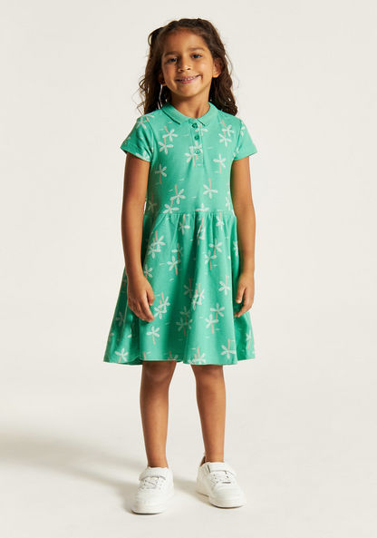 Juniors Floral Print A-line Dress with Short Sleeves