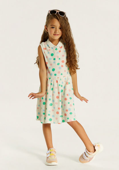 Juniors Printed Sleeveless Polo Dress with Button Closure