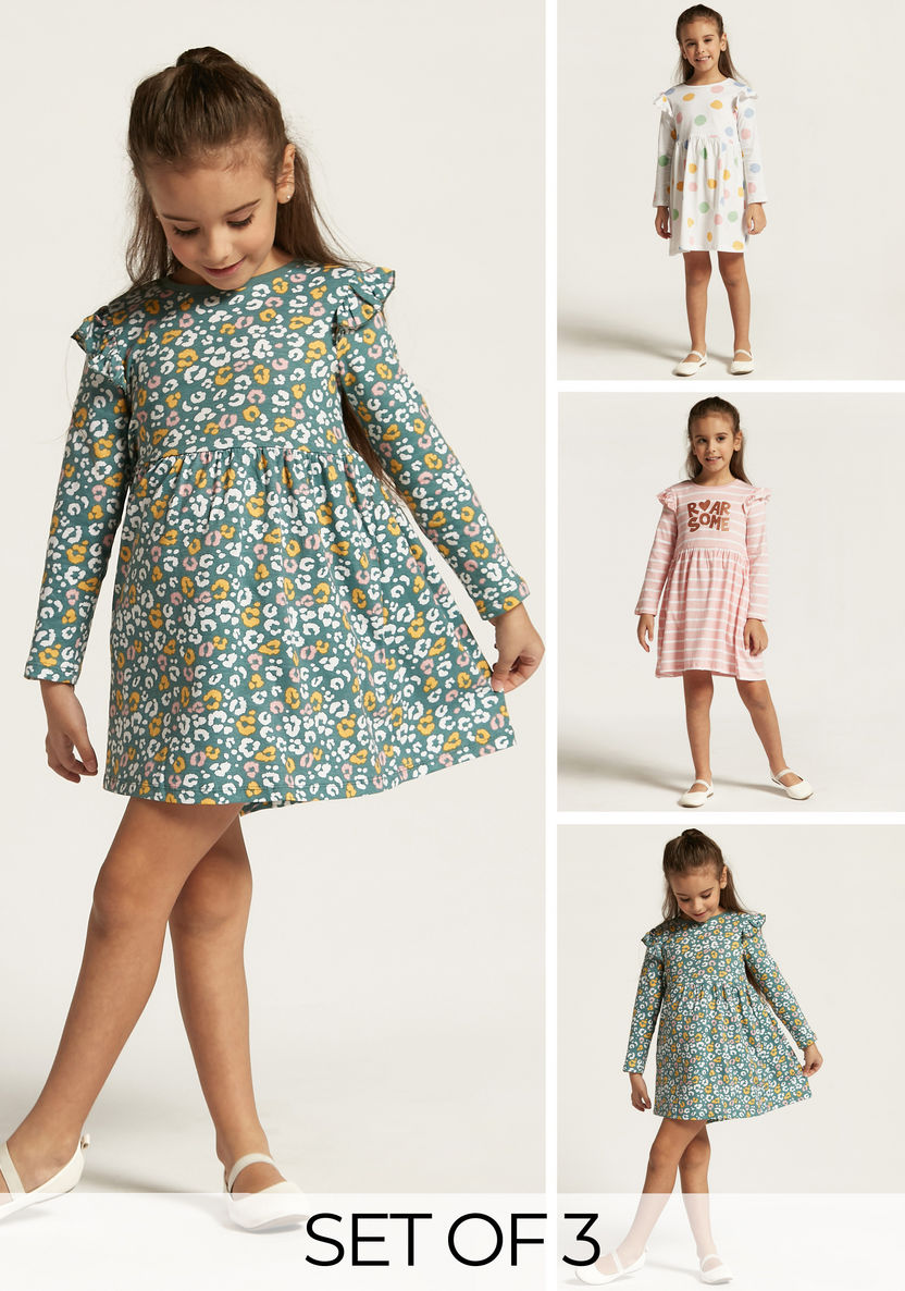 Juniors Printed A-line Dress with Long Sleeves - Set of 3-Dresses, Gowns & Frocks-image-0