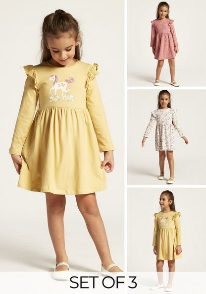 Juniors Printed A-line Dress with Long Sleeves and Ruffles - Set of 3-Dresses%2C Gowns and Frocks-image-0