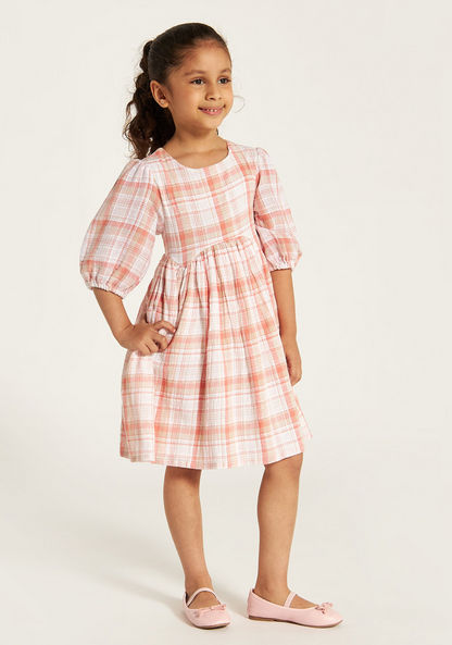 Juniors Checked Dress with 3/4 Sleeves and Button Closure-Dresses%2C Gowns and Frocks-image-1