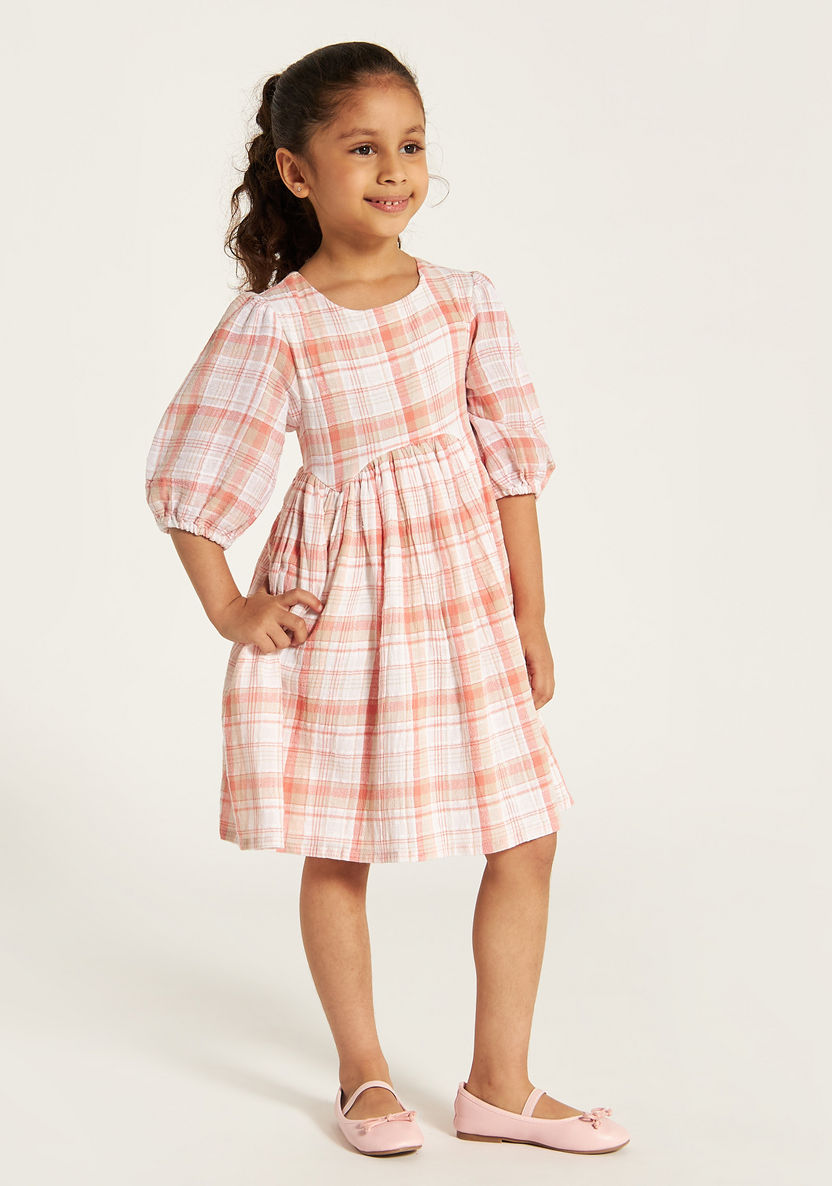 Juniors Checked Dress with 3/4 Sleeves and Button Closure-Dresses, Gowns & Frocks-image-1