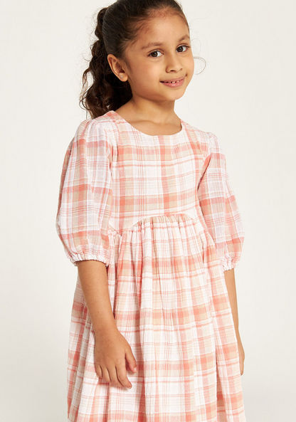 Juniors Checked Dress with 3/4 Sleeves and Button Closure-Dresses%2C Gowns and Frocks-image-2