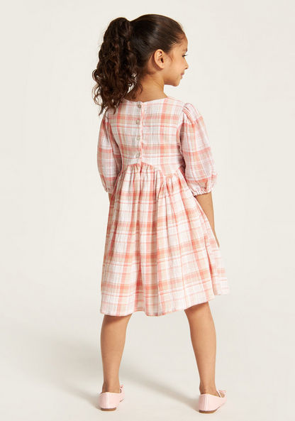 Juniors Checked Dress with 3/4 Sleeves and Button Closure