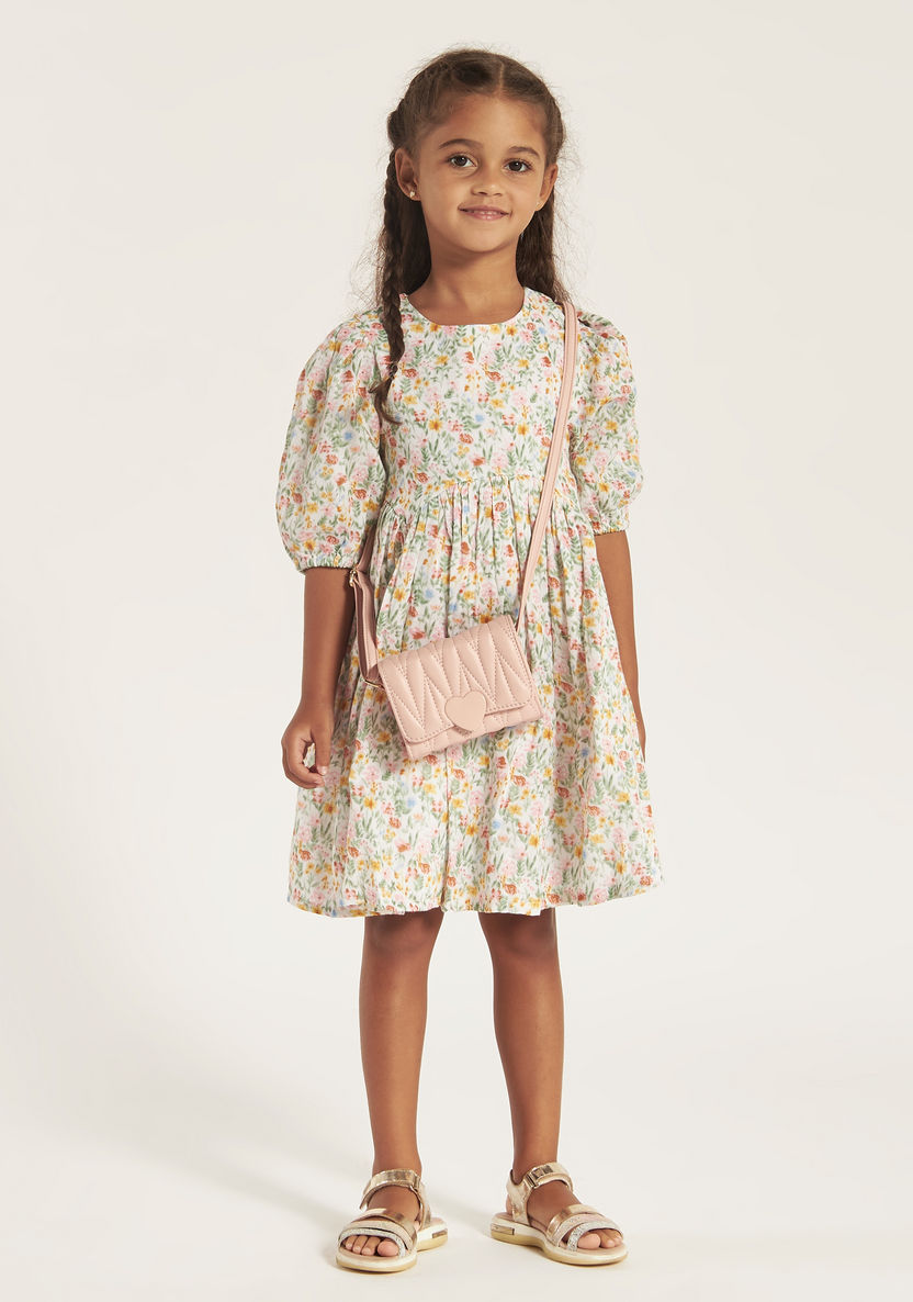 Juniors Floral Print Dress with Round Neck and 3/4 Sleeves-Dresses%2C Gowns and Frocks-image-0