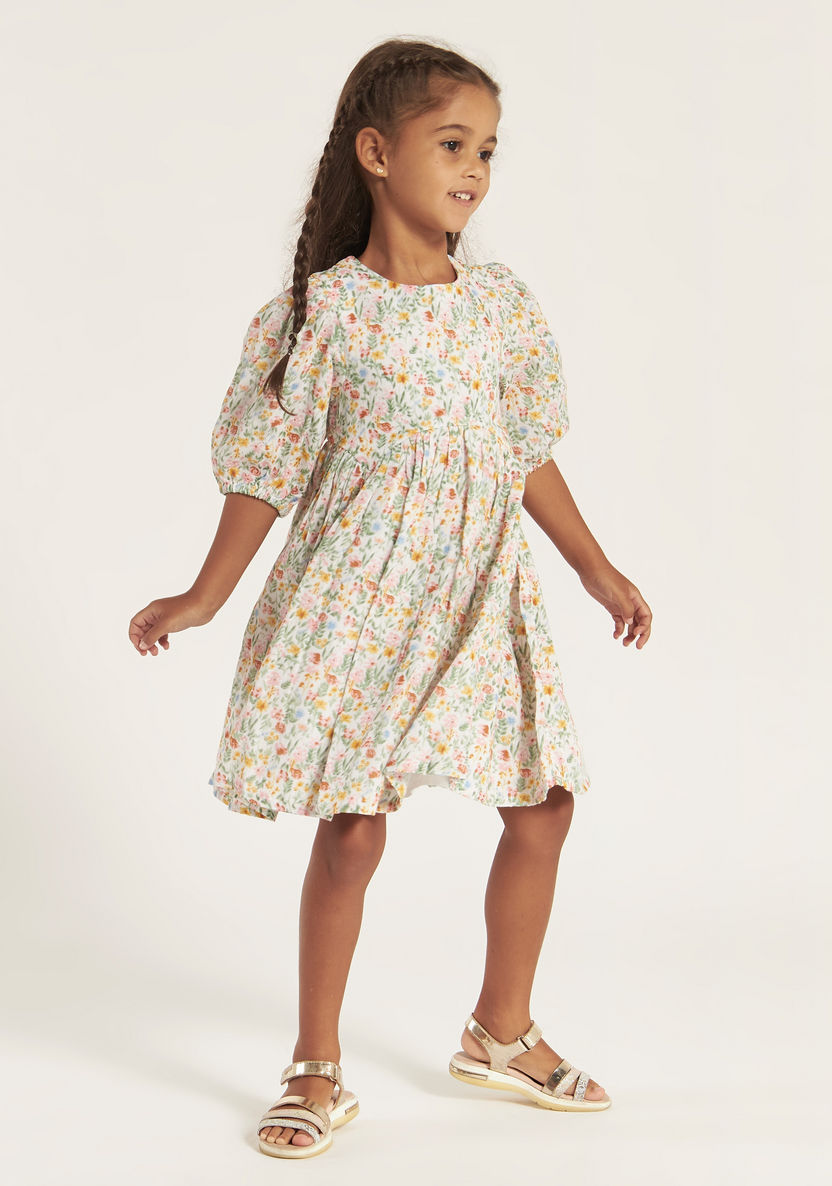 Juniors Floral Print Dress with Round Neck and 3/4 Sleeves-Dresses%2C Gowns and Frocks-image-1