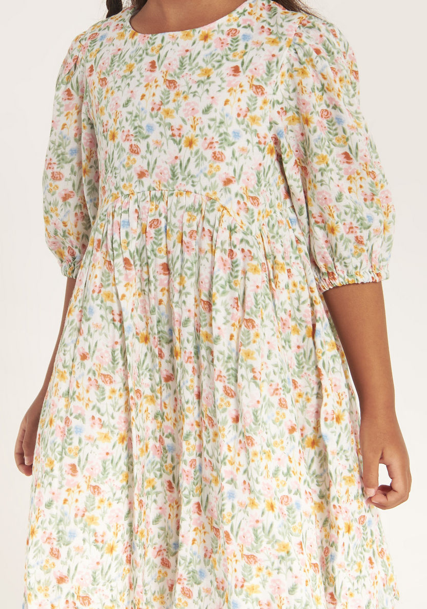 Juniors Floral Print Dress with Round Neck and 3/4 Sleeves-Dresses%2C Gowns and Frocks-image-2