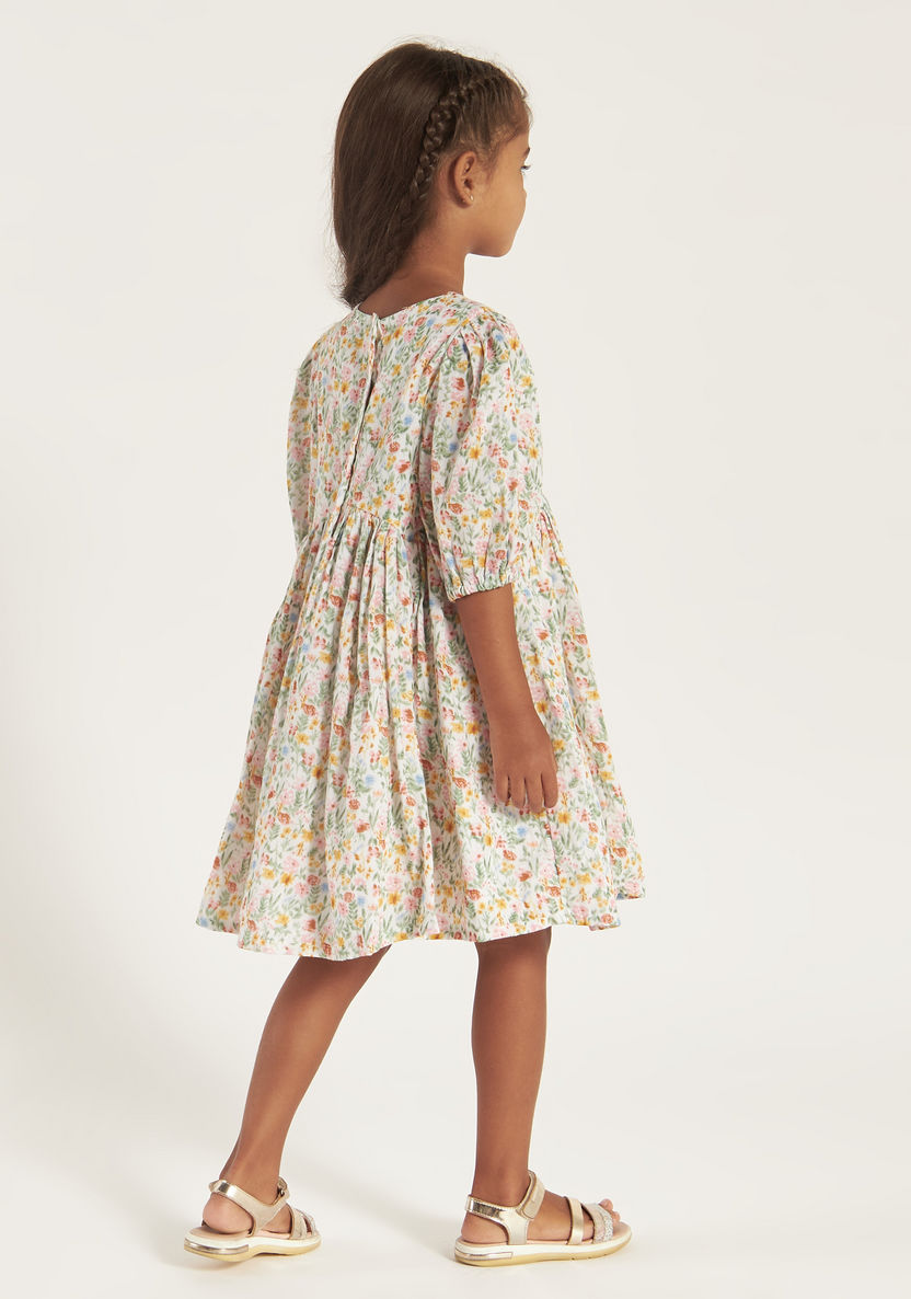 Juniors Floral Print Dress with Round Neck and 3/4 Sleeves-Dresses%2C Gowns and Frocks-image-3