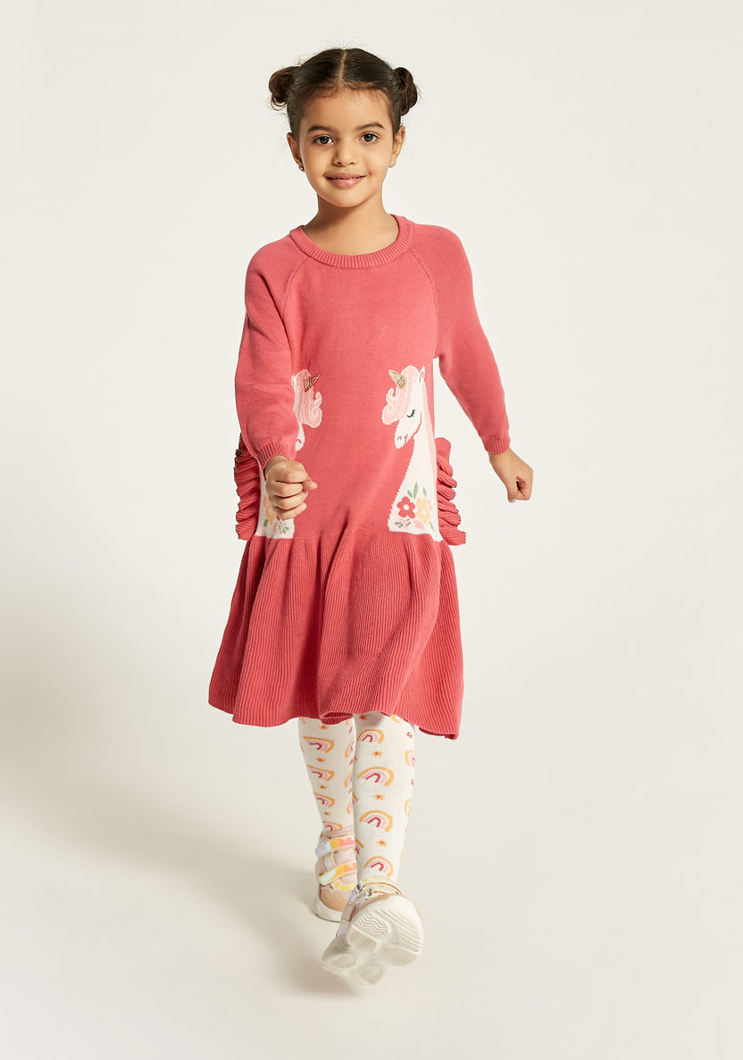 Juniors Unicorn Printed Dress and Tights Set-Dresses, Gowns & Frocks-image-1