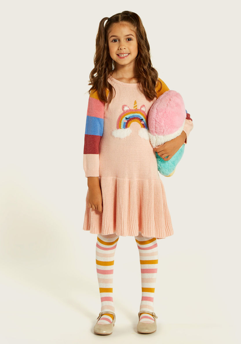 Juniors Rainbow Applique Long Sleeve Dress and Tights Set-Dresses, Gowns & Frocks-image-0