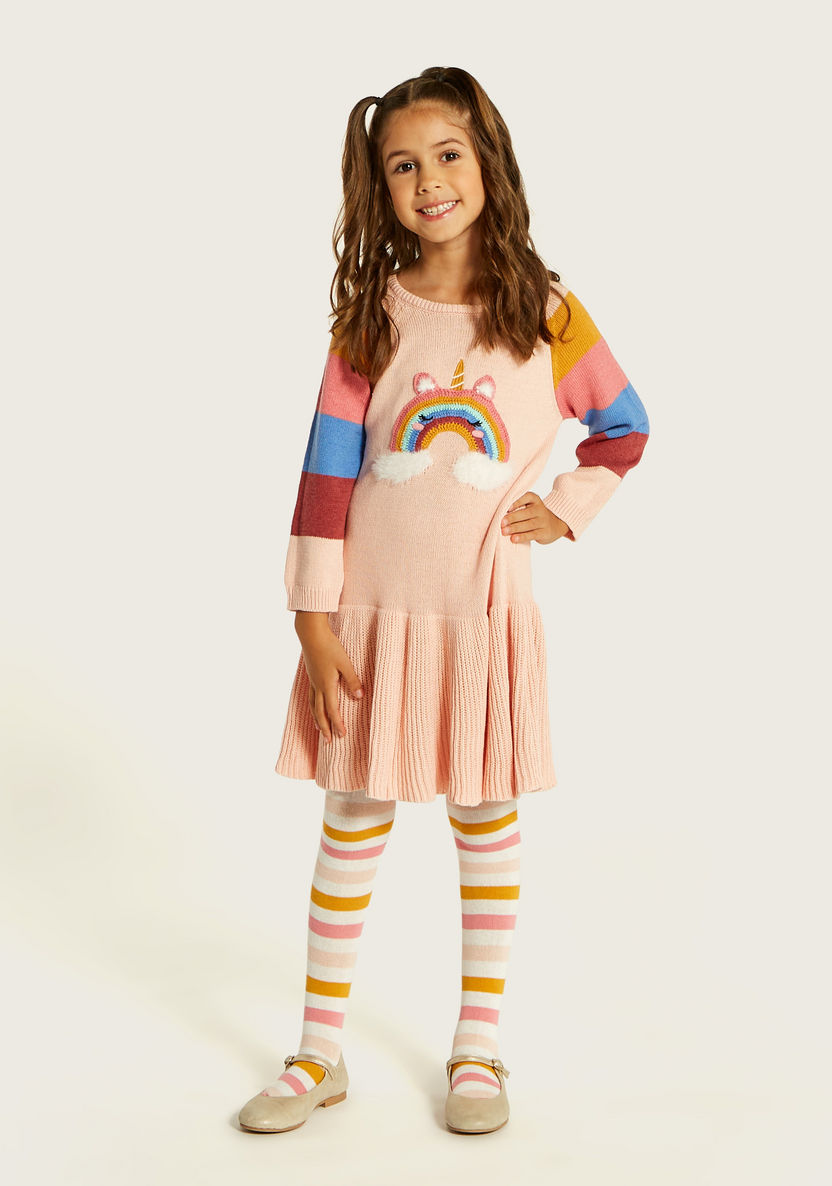 Juniors Rainbow Applique Long Sleeve Dress and Tights Set-Dresses, Gowns & Frocks-image-1