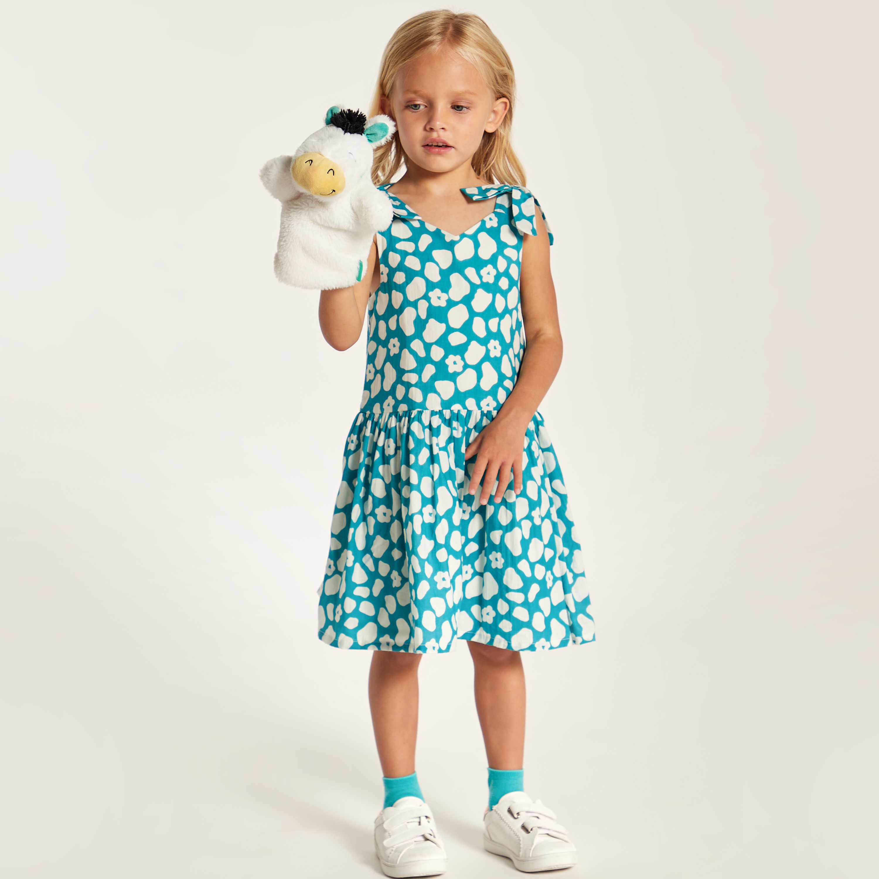 Juniors Printed Sleeveless Dress with V-neck and Tie-Up Detail-girls-clothing-dressesandjumpsuits-image-1