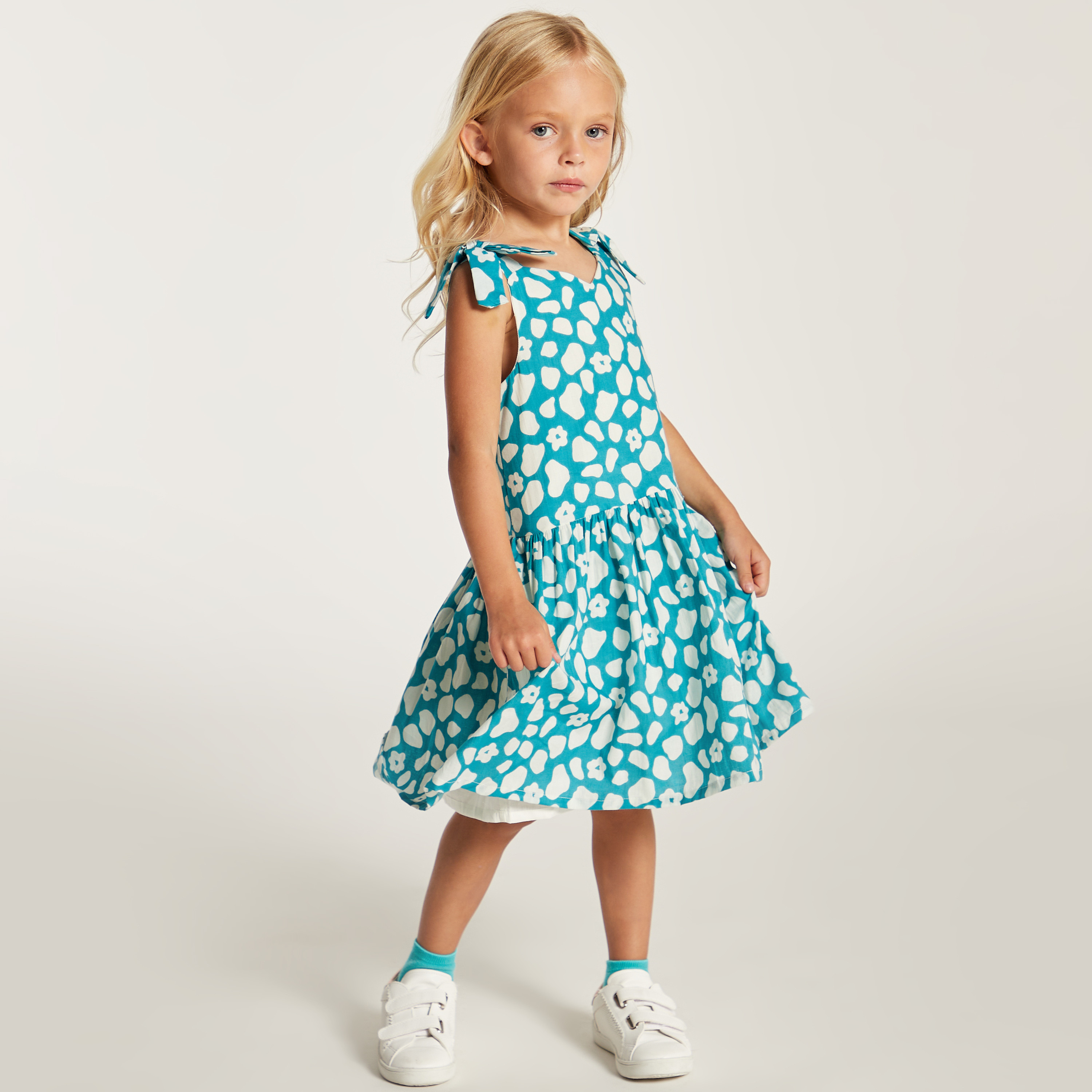 Juniors Printed Sleeveless Dress with V-neck and Tie-Up Detail-girls-clothing-dressesandjumpsuits-image-2