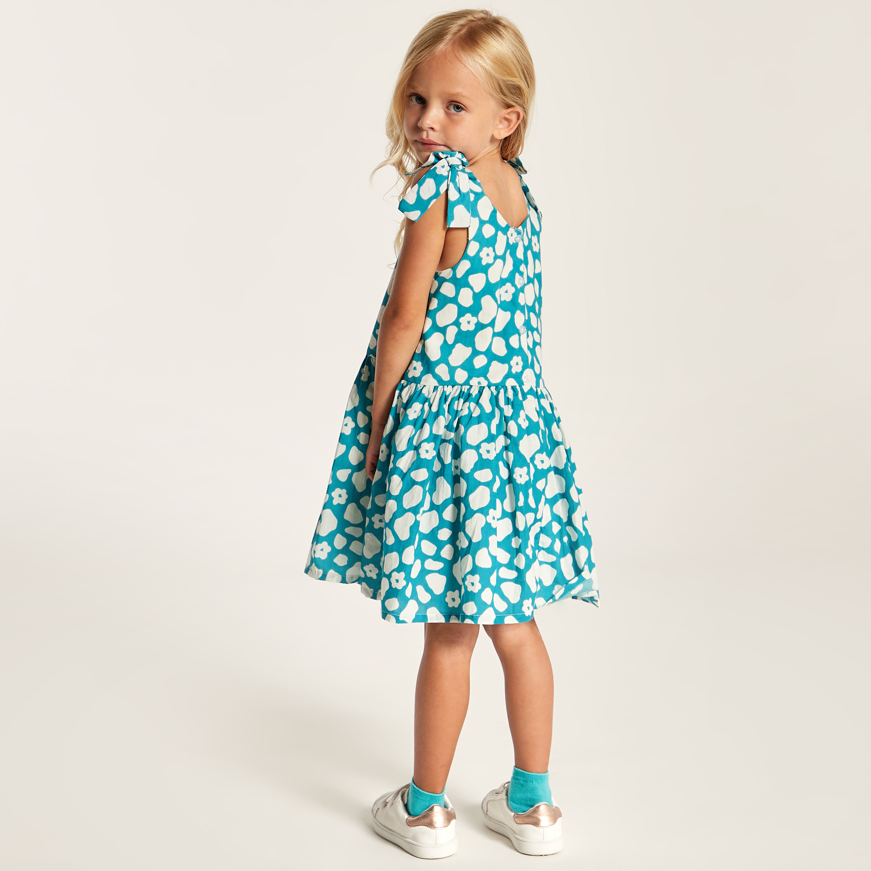 Juniors Printed Sleeveless Dress with V-neck and Tie-Up Detail-girls-clothing-dressesandjumpsuits-image-4