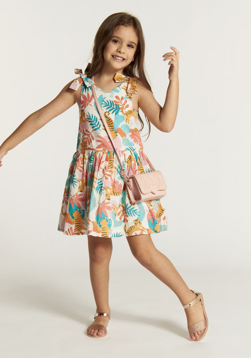Juniors Printed Sleeveless Dress with V-neck and Bow Detail-Dresses%2C Gowns and Frocks-image-0