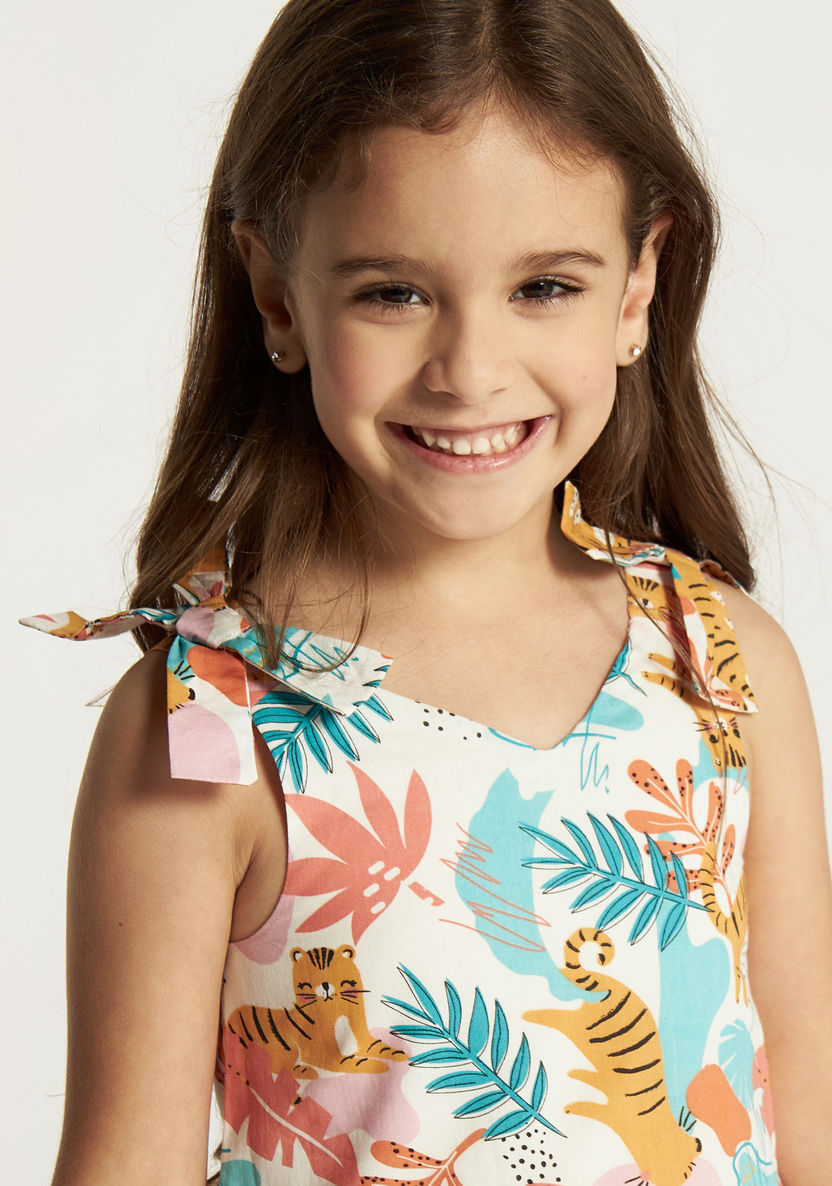 Juniors Printed Sleeveless Dress with V-neck and Bow Detail-Dresses%2C Gowns and Frocks-image-1