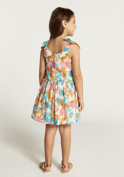Juniors Printed Sleeveless Dress with V-neck and Bow Detail