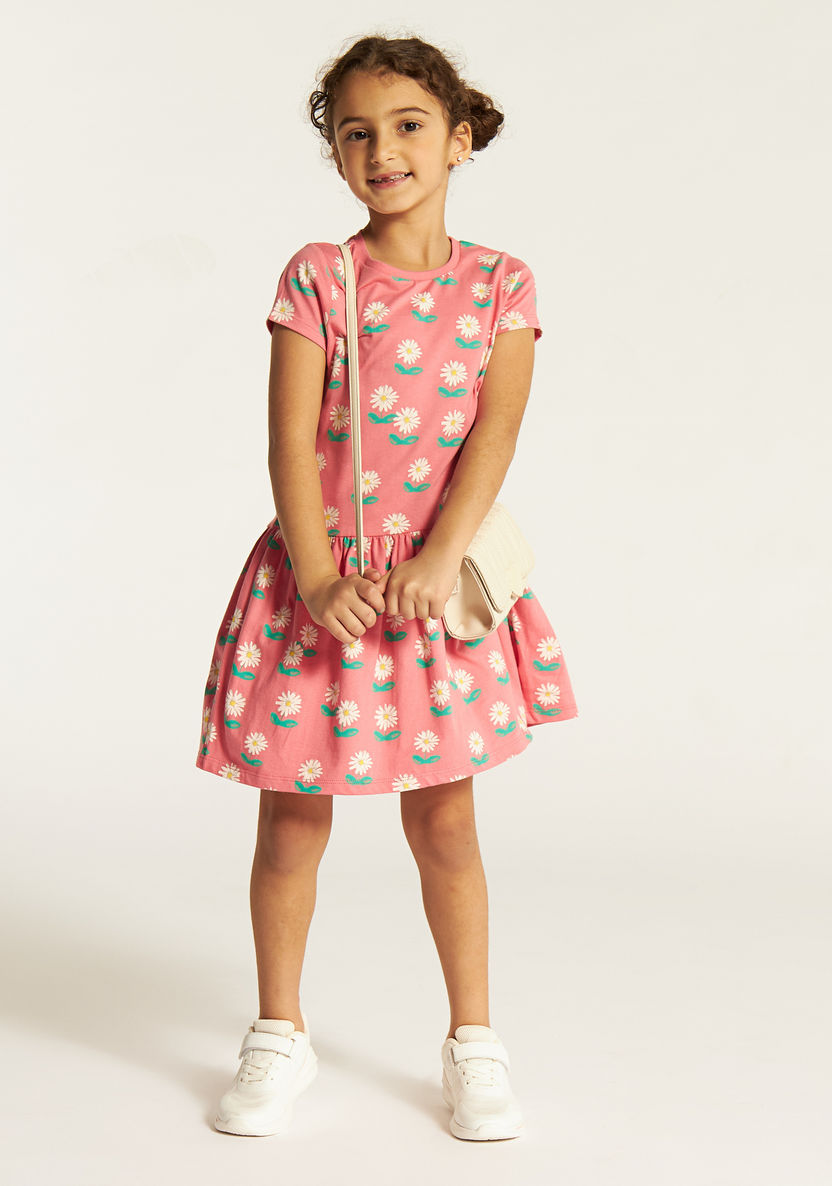 Juniors Floral Print Drop Waist Dress with Short Sleeves-Dresses%2C Gowns and Frocks-image-0
