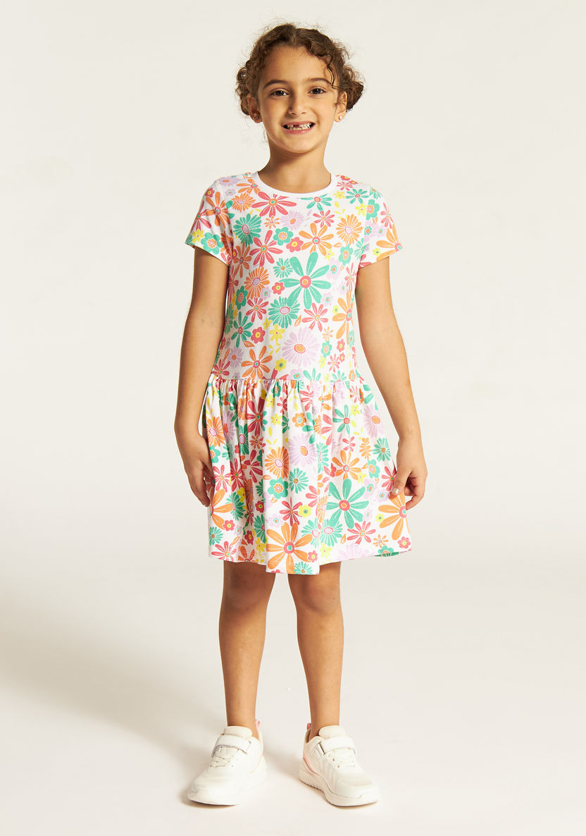 Juniors Floral Print Drop Waist Dress with Short Sleeves-Dresses%2C Gowns and Frocks-image-1