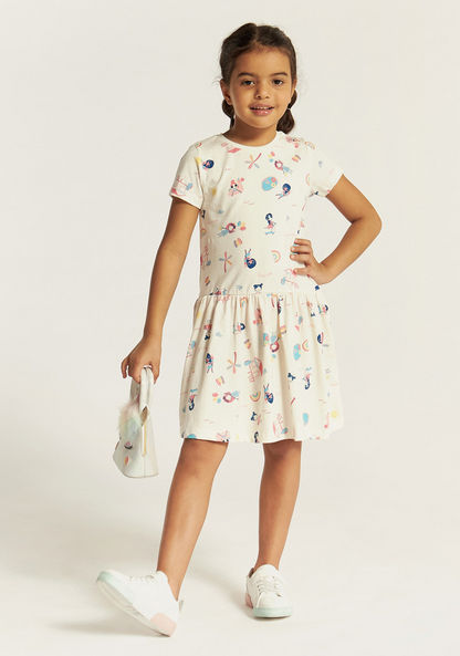 Juniors Printed Dress with Crew Neck and Short Sleeves