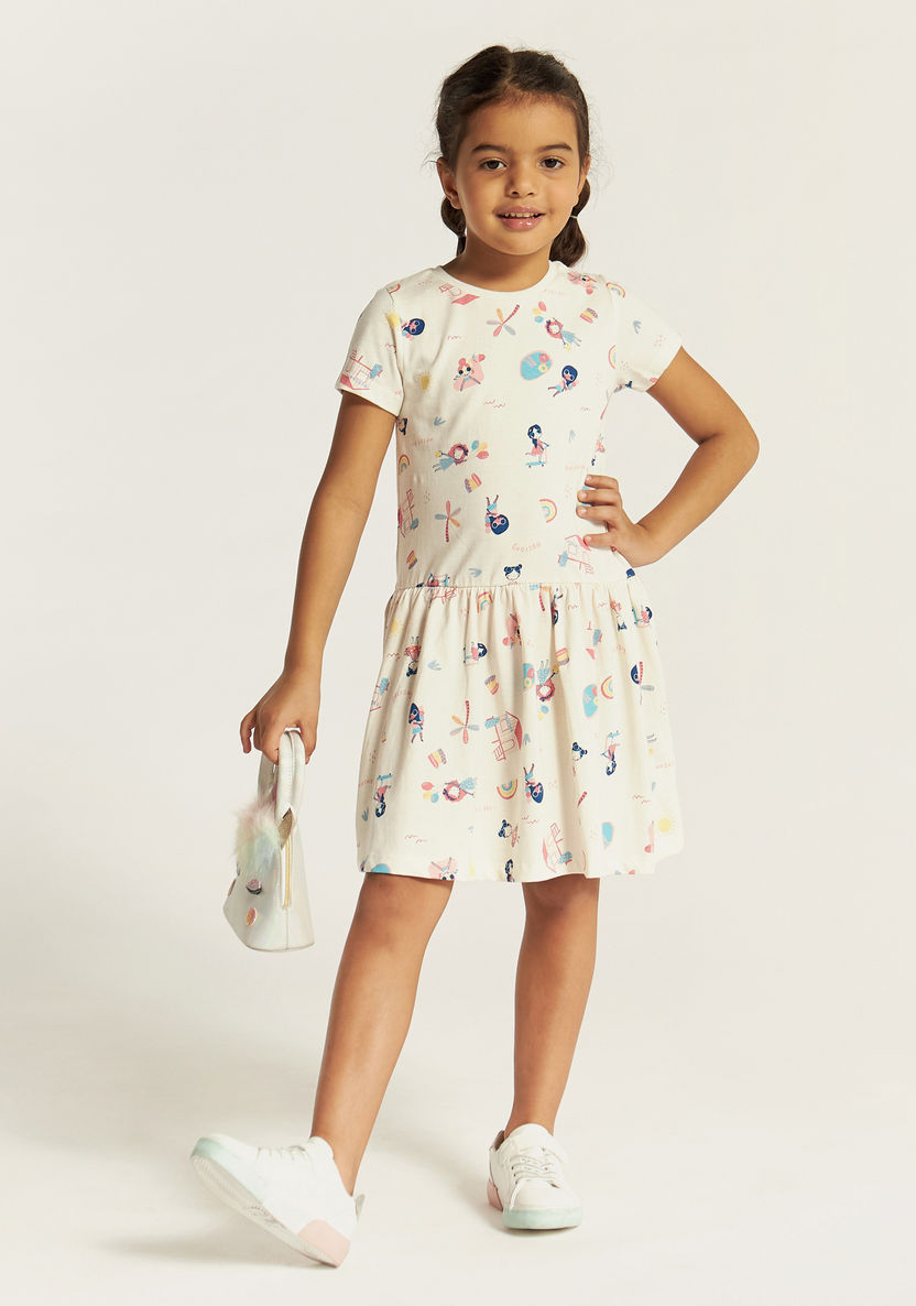 Juniors Printed Dress with Crew Neck and Short Sleeves-Dresses, Gowns & Frocks-image-0