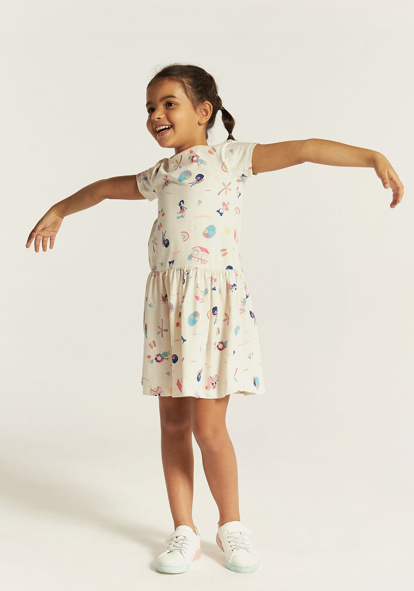 Juniors Printed Dress with Crew Neck and Short Sleeves-Dresses, Gowns & Frocks-image-1