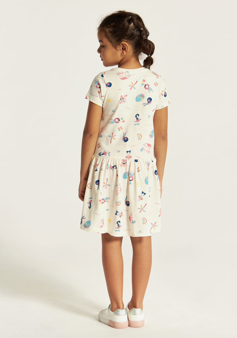 Juniors Printed Dress with Crew Neck and Short Sleeves-Dresses, Gowns & Frocks-image-3
