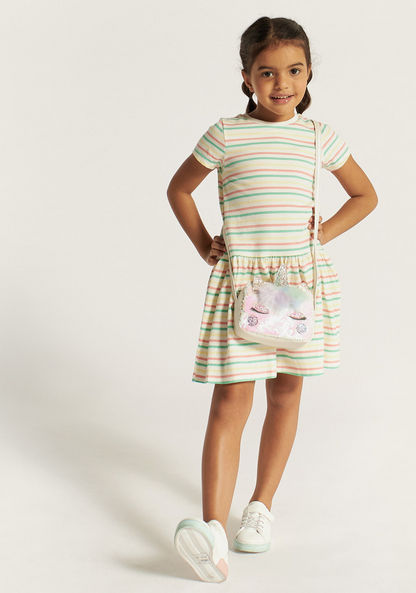 Juniors Striped Dress with Crew Neck and Short Sleeves
