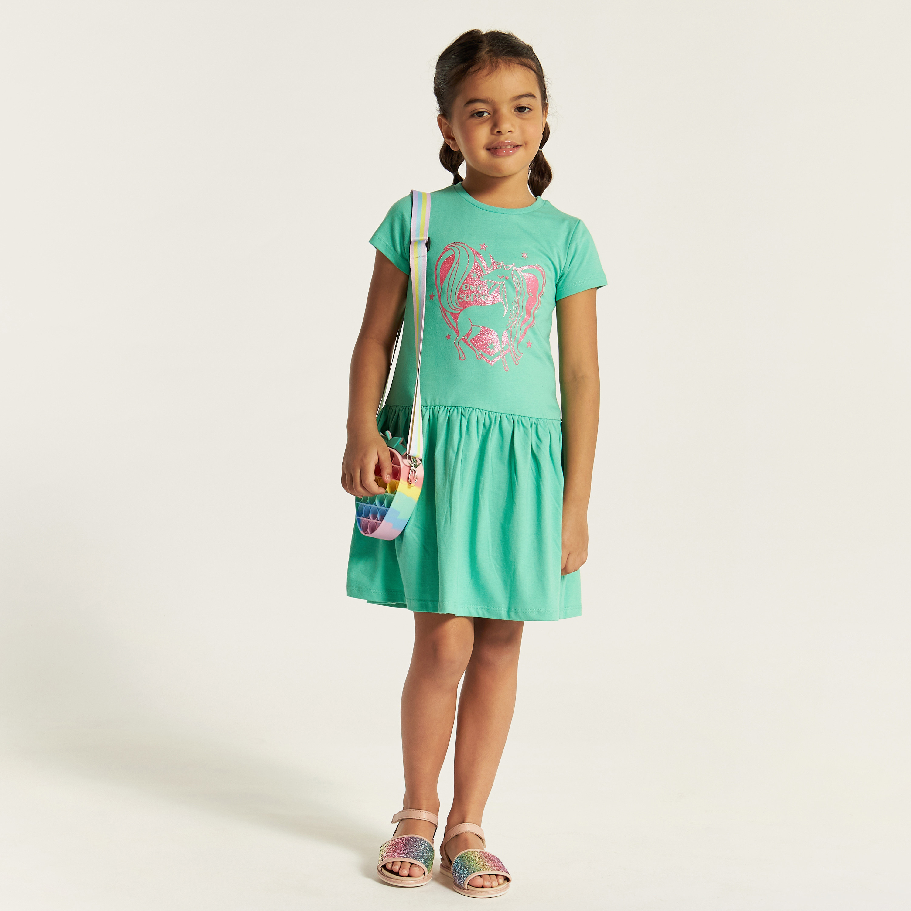 Juniors Unicorn Print Crew Neck Dress with Short Sleeves-girls-clothing-dressesandjumpsuits-image-1