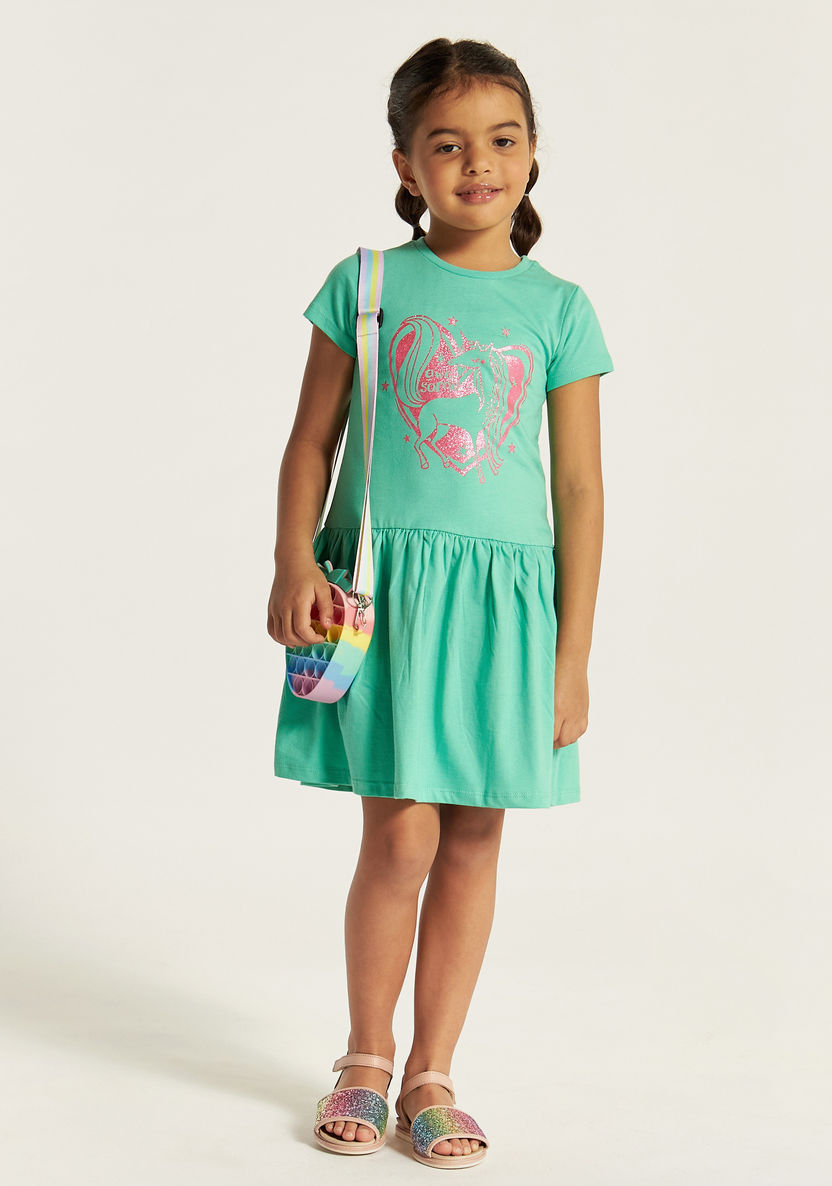 Juniors Unicorn Print Crew Neck Dress with Short Sleeves-Dresses, Gowns & Frocks-image-0