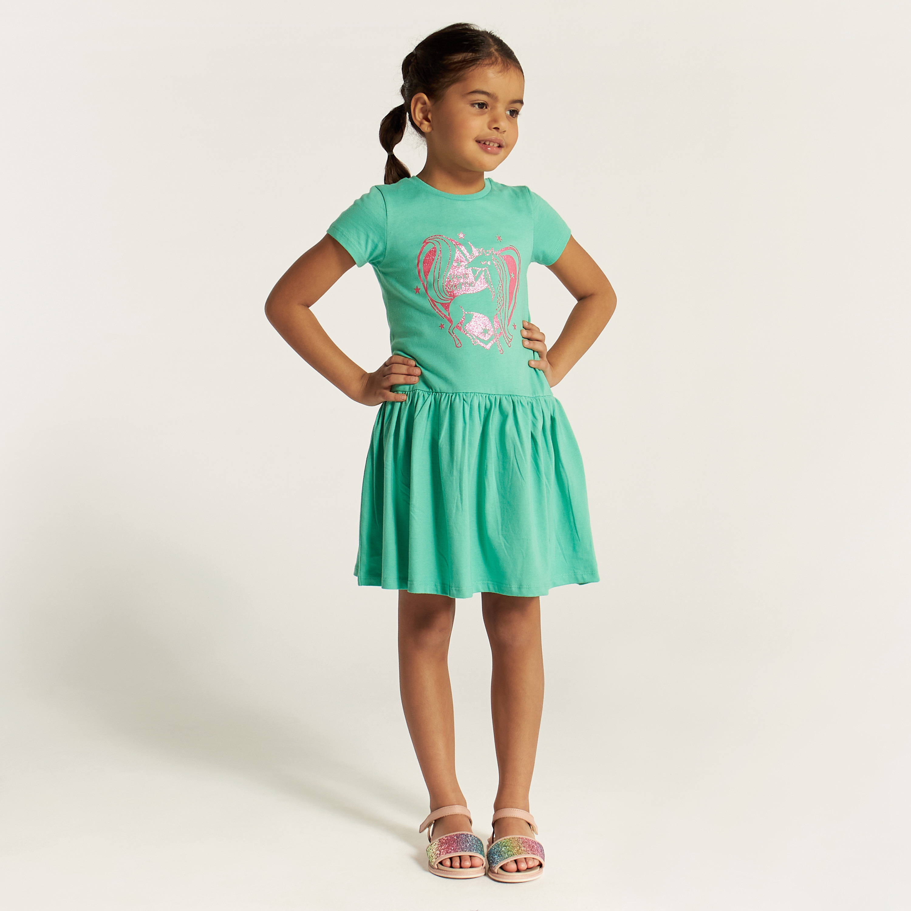 Juniors Unicorn Print Crew Neck Dress with Short Sleeves-girls-clothing-dressesandjumpsuits-image-2