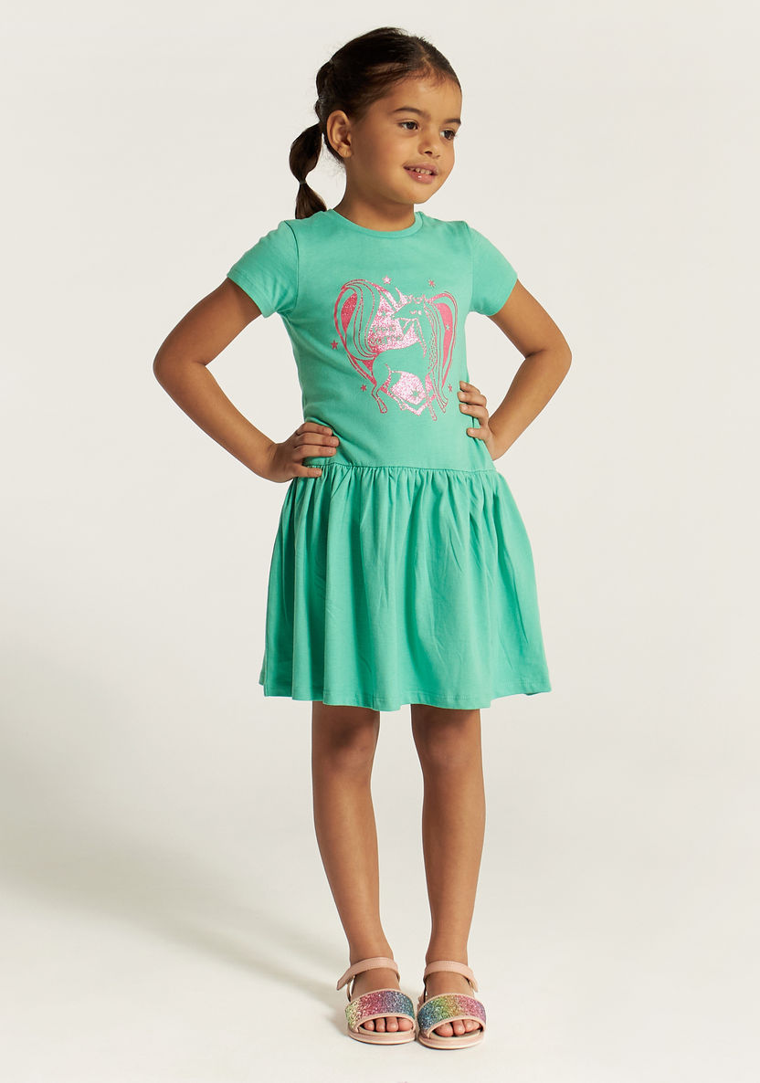 Juniors Unicorn Print Crew Neck Dress with Short Sleeves-Dresses, Gowns & Frocks-image-1