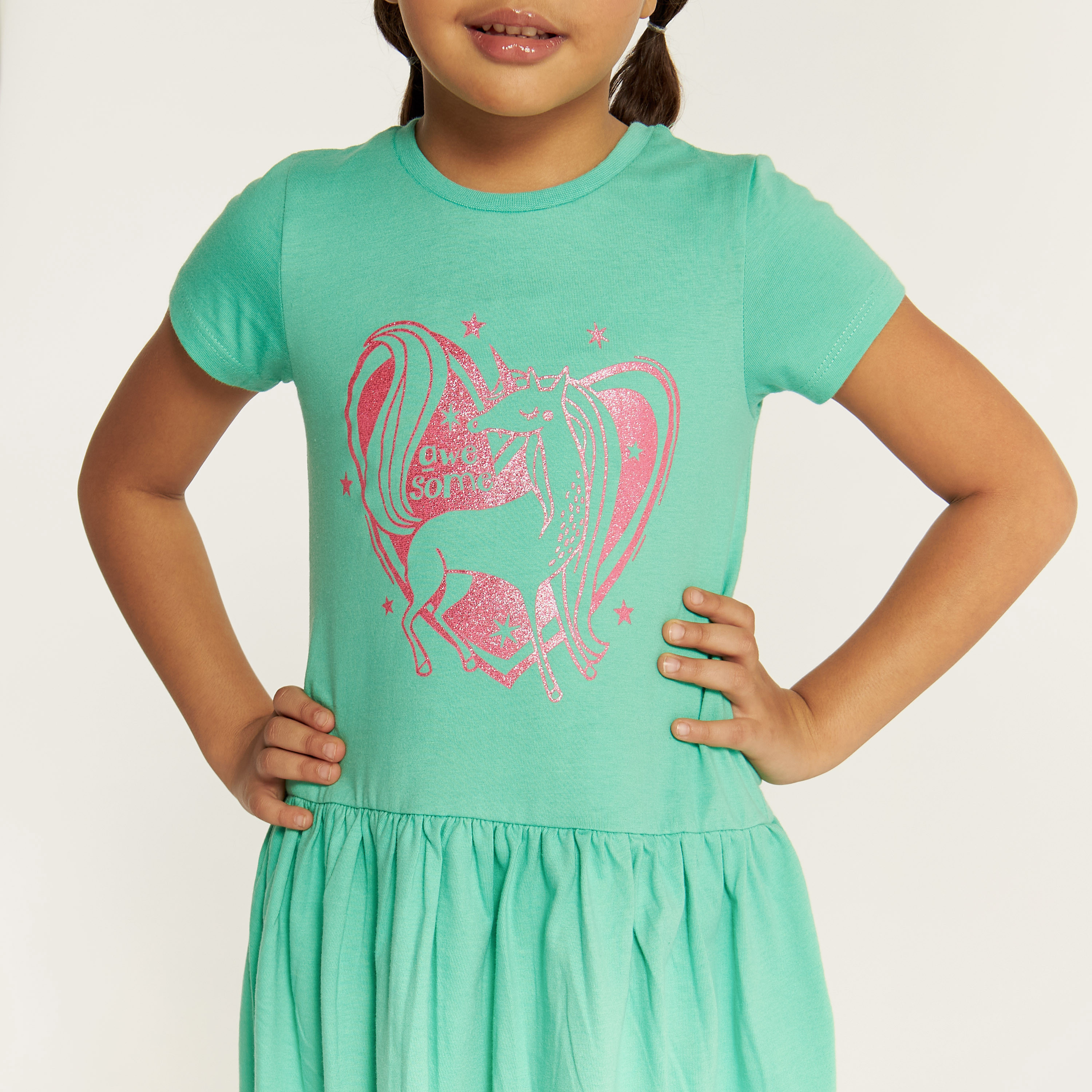 Juniors Unicorn Print Crew Neck Dress with Short Sleeves-girls-clothing-dressesandjumpsuits-image-3