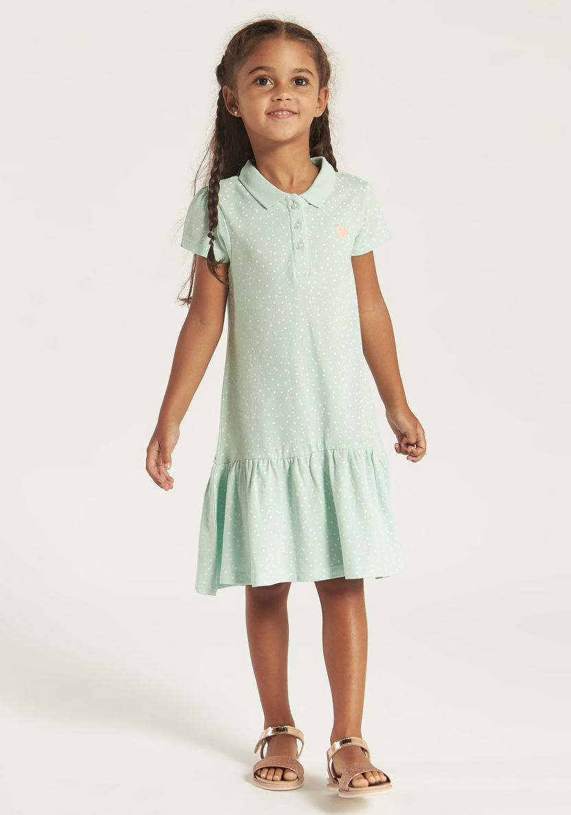 Juniors Printed Polo Dress with Short Sleeves and Flounce Hem-Dresses%2C Gowns and Frocks-image-1