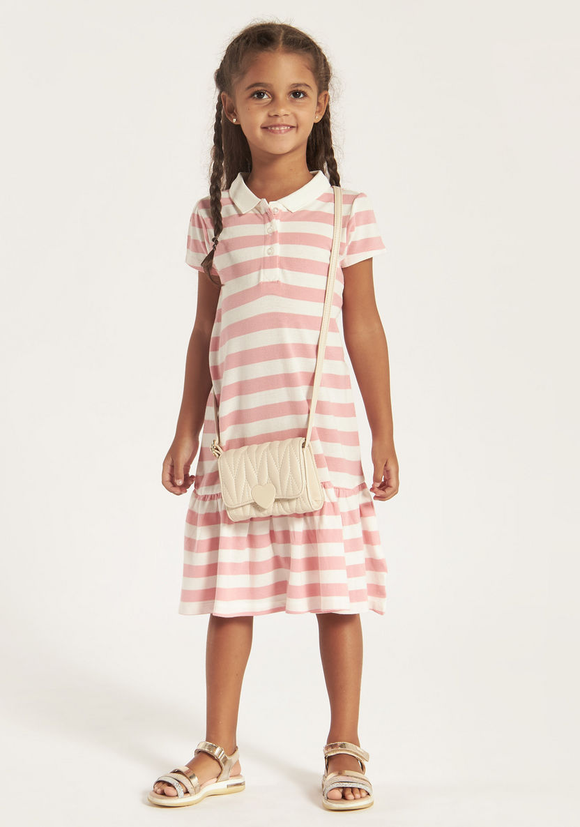 Juniors Striped Polo Dress with Short Sleeves and Flounce Hem-Dresses, Gowns & Frocks-image-0