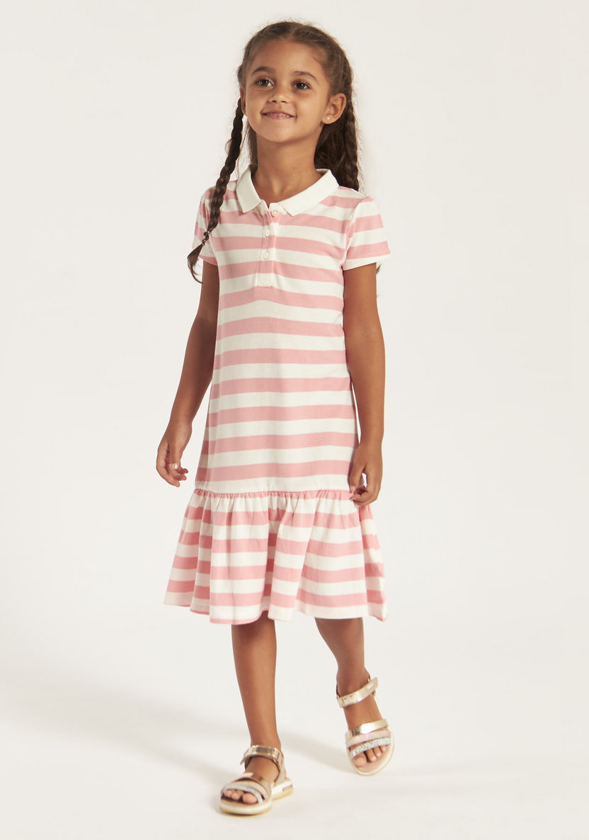 Juniors Striped Polo Dress with Short Sleeves and Flounce Hem-Dresses, Gowns & Frocks-image-1