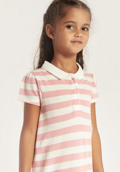 Juniors Striped Polo Dress with Short Sleeves and Flounce Hem