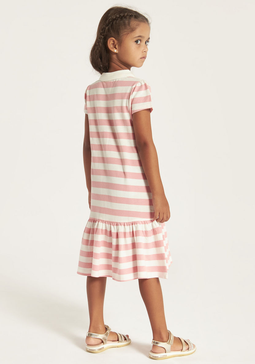 Juniors Striped Polo Dress with Short Sleeves and Flounce Hem-Dresses, Gowns & Frocks-image-3