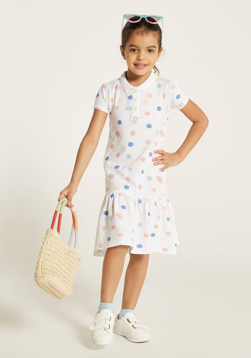 Juniors Polka Dot Polo Dress with Short Sleeves and Flounce Hem-Dresses, Gowns & Frocks-image-0