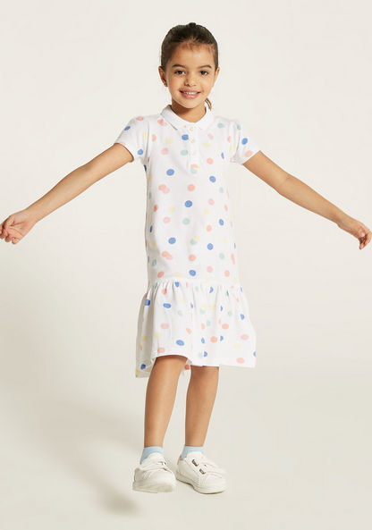 Juniors Polka Dot Polo Dress with Short Sleeves and Flounce Hem