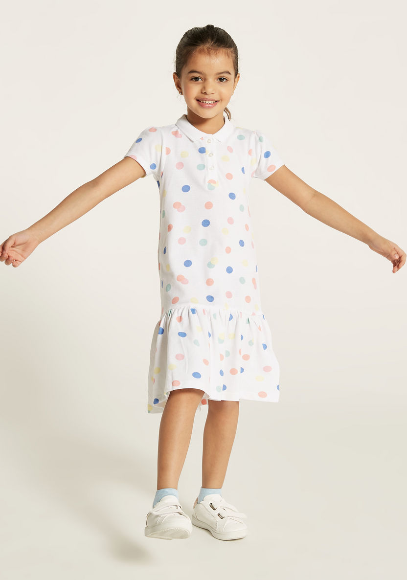Juniors Polka Dot Polo Dress with Short Sleeves and Flounce Hem-Dresses, Gowns & Frocks-image-1