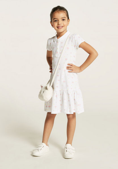Juniors Printed Polo Dress with Short Sleeves and Flounce Hem