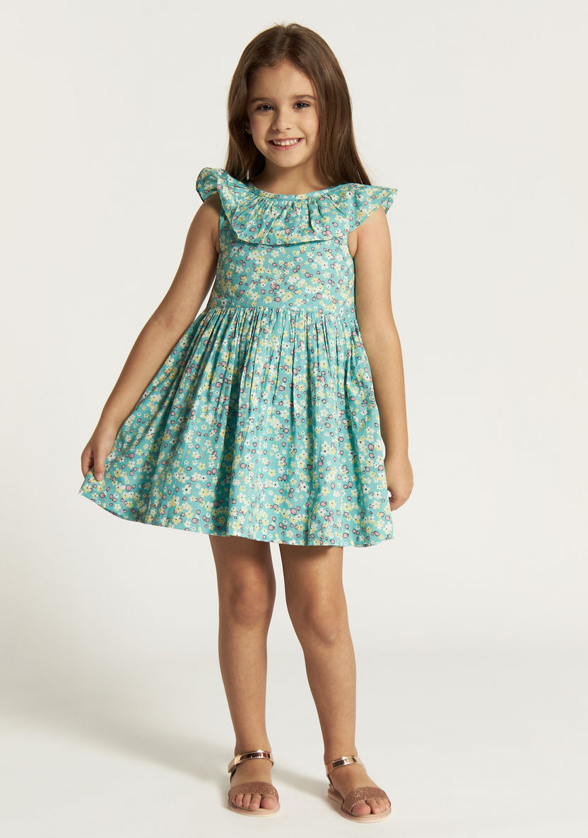 Juniors All Over Floral Print Sleeveless Dress with Ruffle Detail-Dresses, Gowns & Frocks-image-1