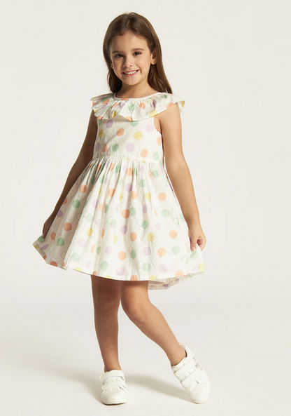 Juniors Polka Dots Print Sleeveless A-line Dress with Ruffle Detail