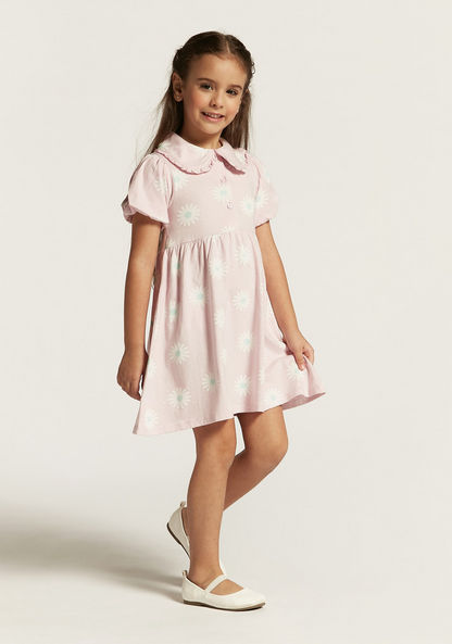 Juniors Floral Print Dress with Peter Pan Collar and Short Sleeves-Dresses%2C Gowns and Frocks-image-0