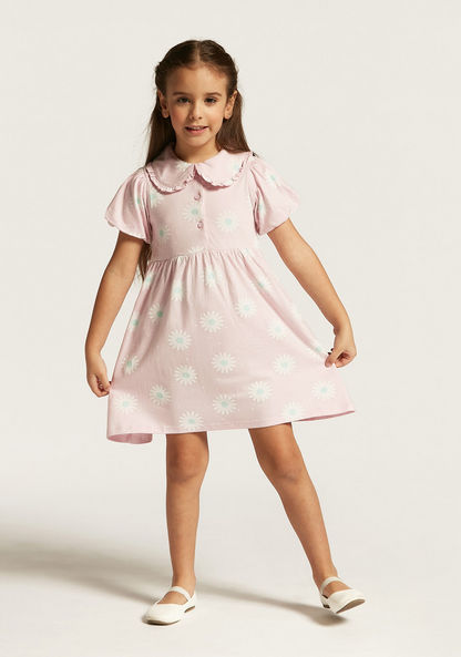 Juniors Floral Print Dress with Peter Pan Collar and Short Sleeves-Dresses%2C Gowns and Frocks-image-1
